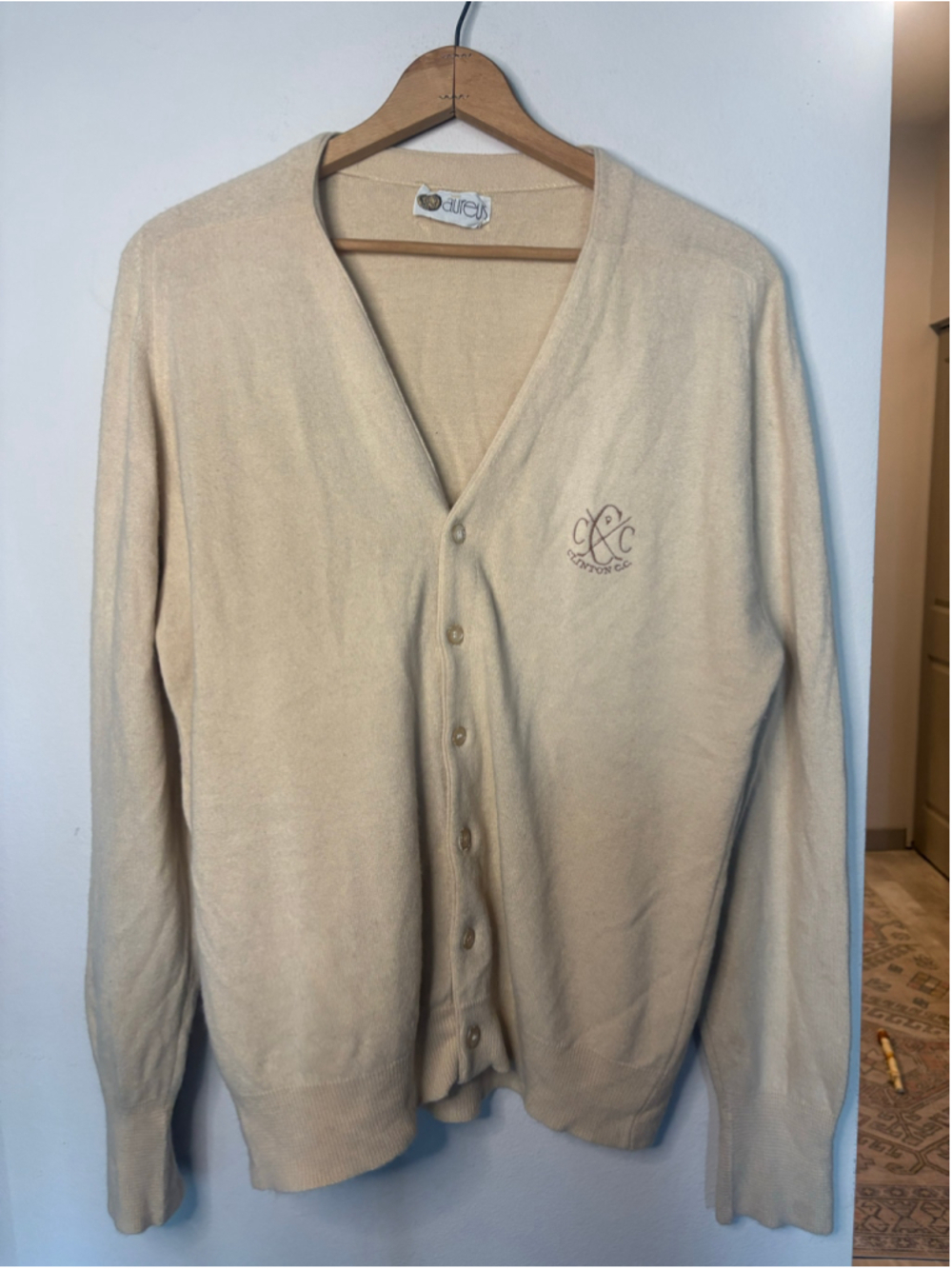 Aureus Clinton CC Beige Button Cardigan L Country Club Golf Preppy Old Money